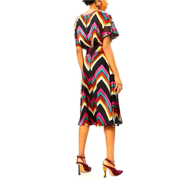 ALICE + OLIVIA Midi Dress Womens 2 Black Rainbow Multi Chevron Burnout Tie Waist - Picture 2 of 16